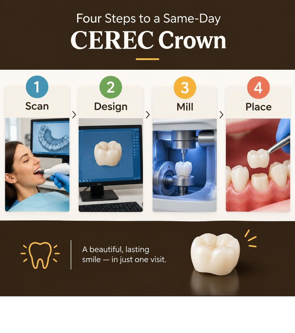 Four steps to a same-day CEREC crown: scan, design, mill, and place infographic Four steps to a same-day CEREC crown: scan, design, mill, and place infographic
