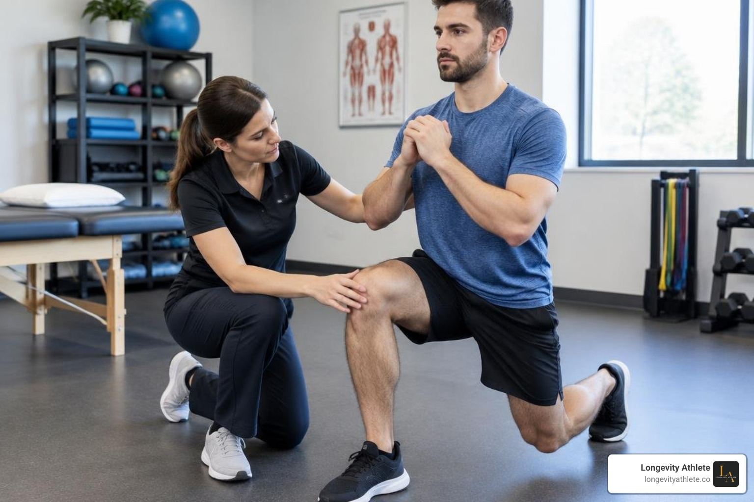 physical therapist analyzing athlete movement during rehabilitation physical therapist analyzing athlete movement during rehabilitation