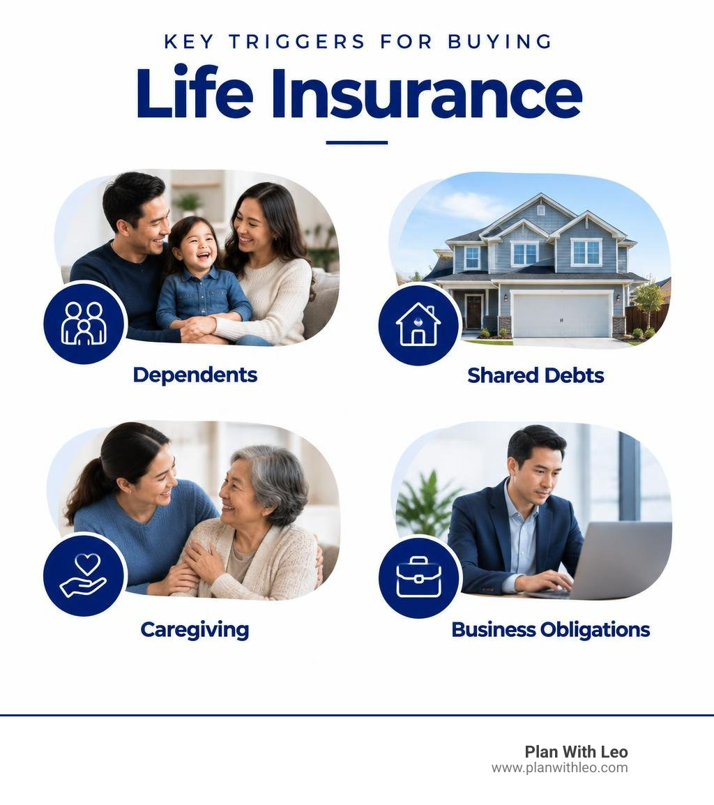 Key triggers for buying life insurance: dependents, shared debts, caregiving, and business obligations infographic