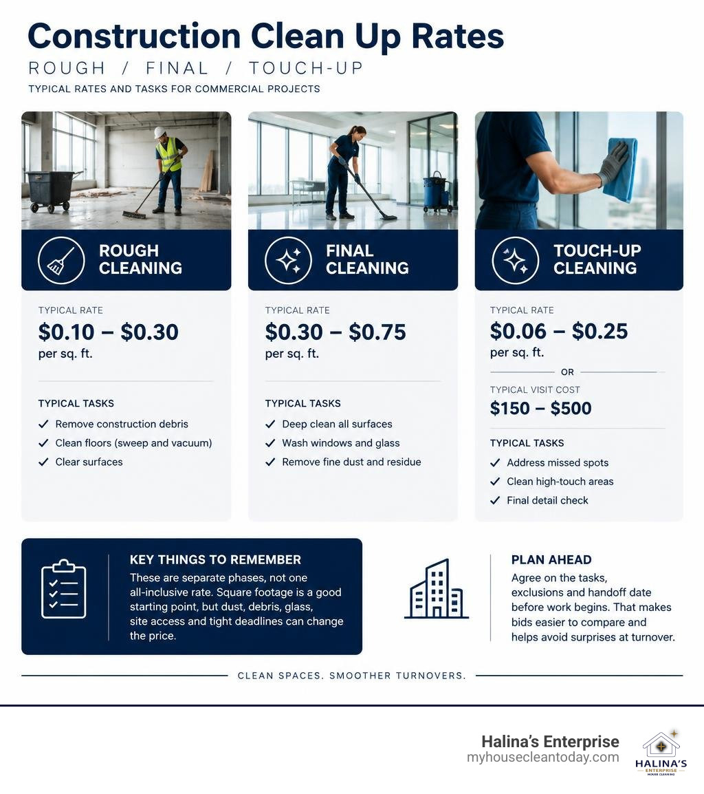 Infographic comparing rough, final, and touch-up commercial cleaning rates and typical tasks infographic