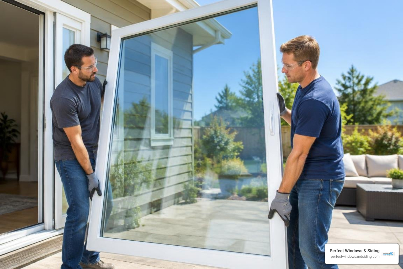 two workers safely lifting a large patio door glass panel two workers safely lifting a large patio door glass panel