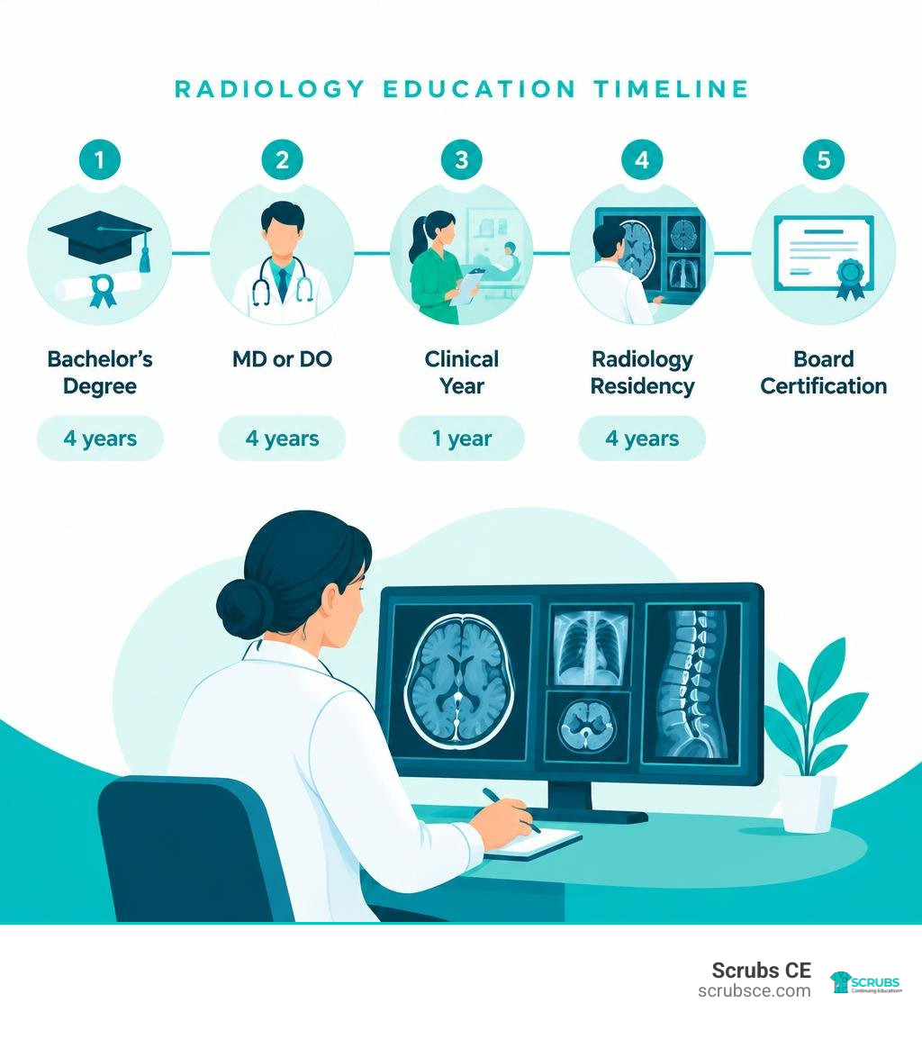 Radiology education timeline: bachelor's degree, MD or DO, clinical year, residency, and board certification infographic Radiology education timeline: bachelor's degree, MD or DO, clinical year, residency, and board certification infographic