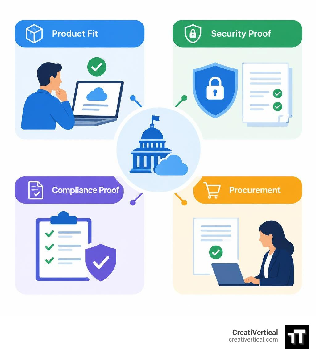 Federal buyer search needs grouped by product fit, security proof, compliance proof, and procurement infographic