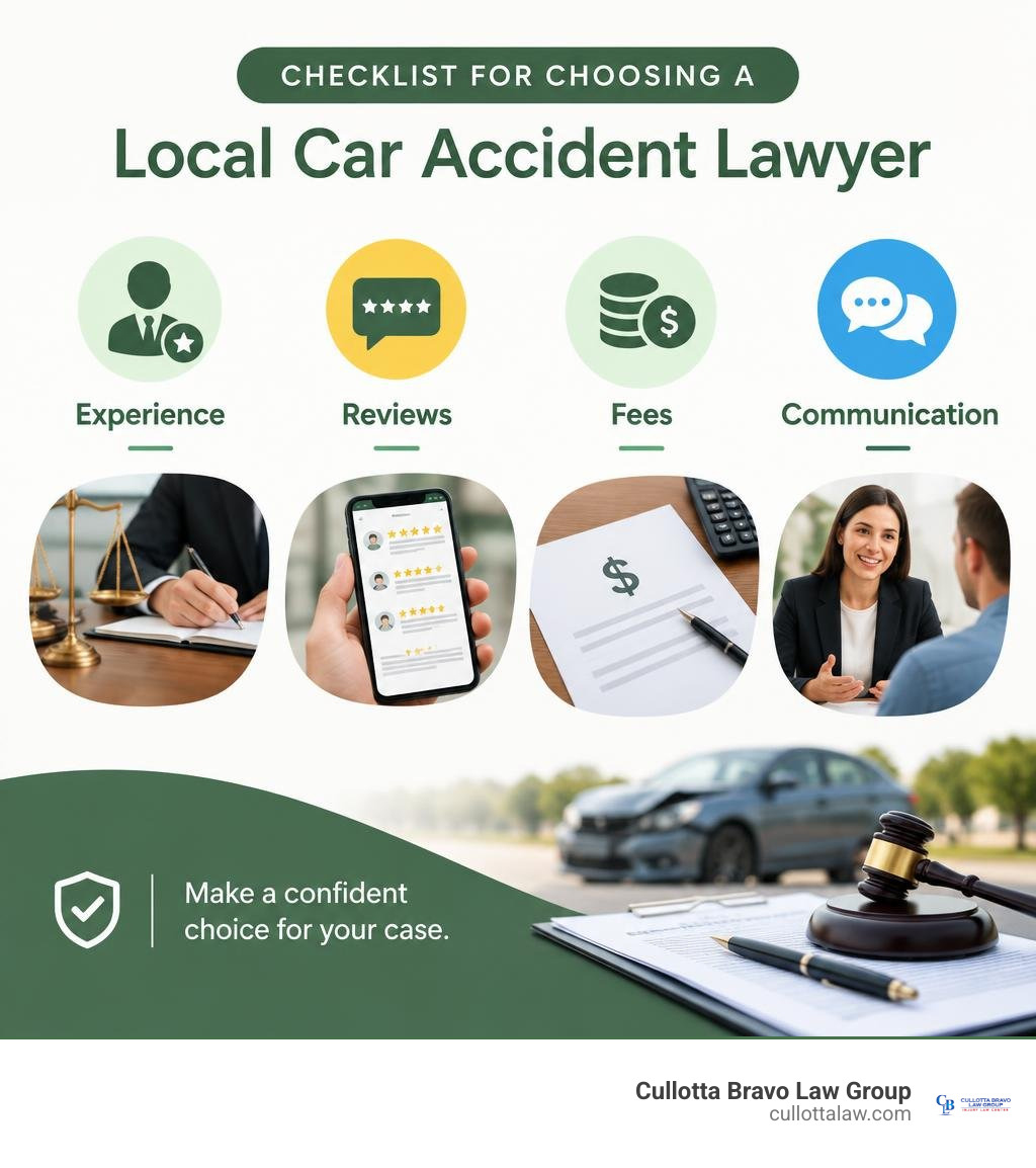 Checklist for choosing a local car accident lawyer: experience, reviews, fees, and communication infographic