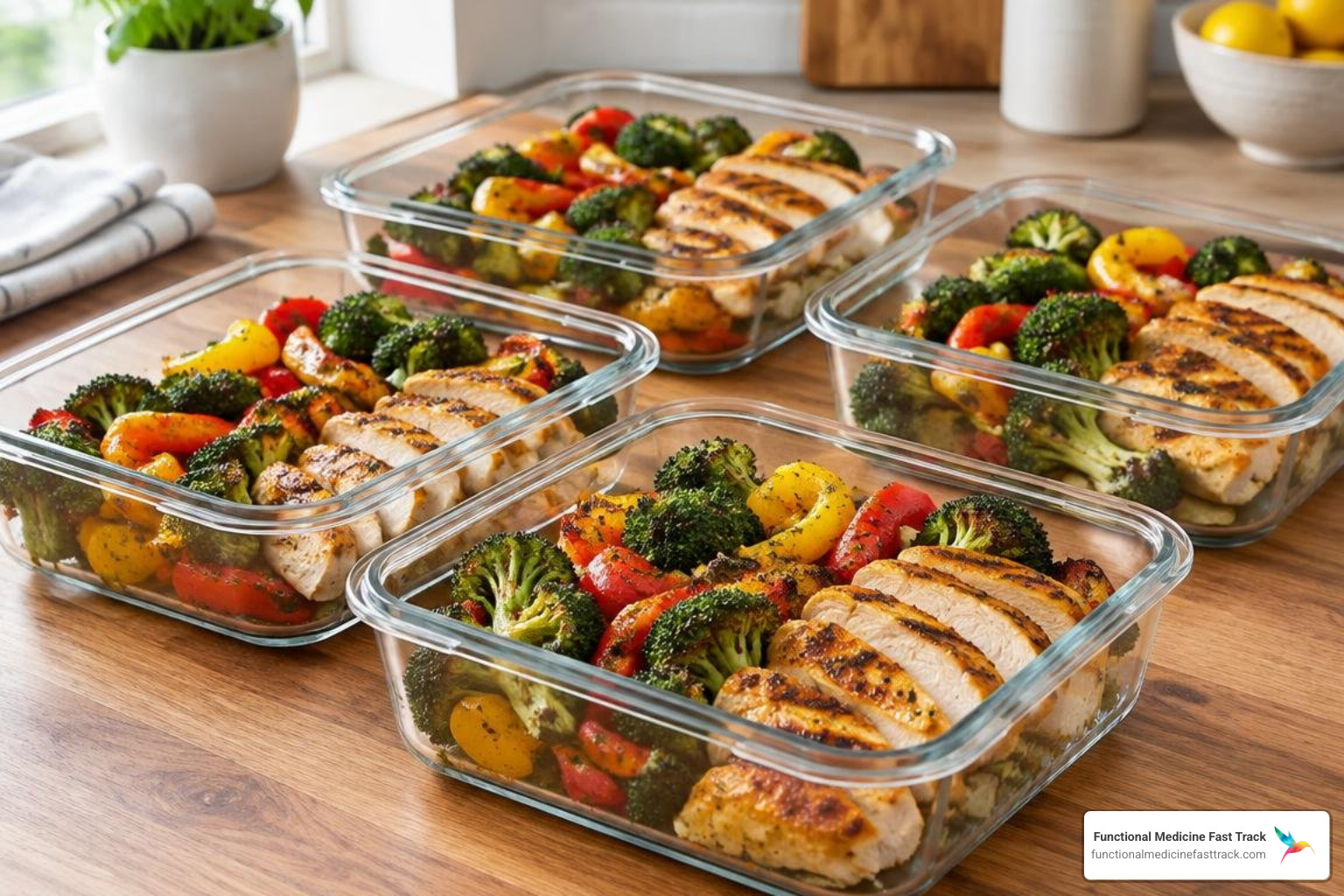 meal prep glass storage containers with allergen-free roasted vegetables and chicken