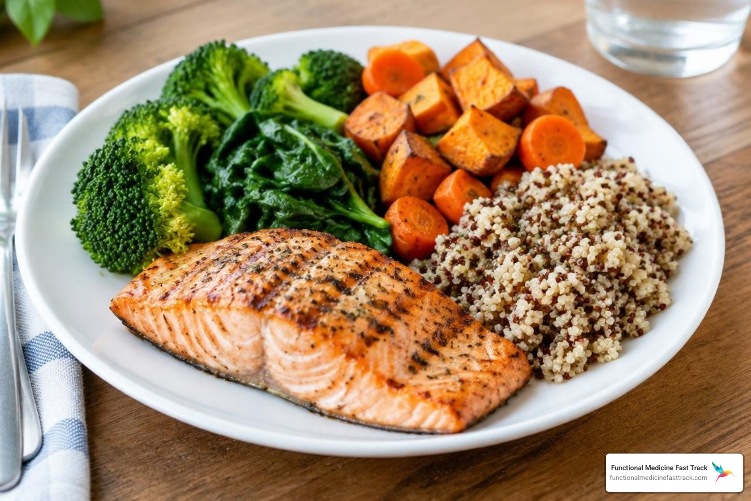 balanced anti-inflammatory elimination plate with greens protein and root vegetables