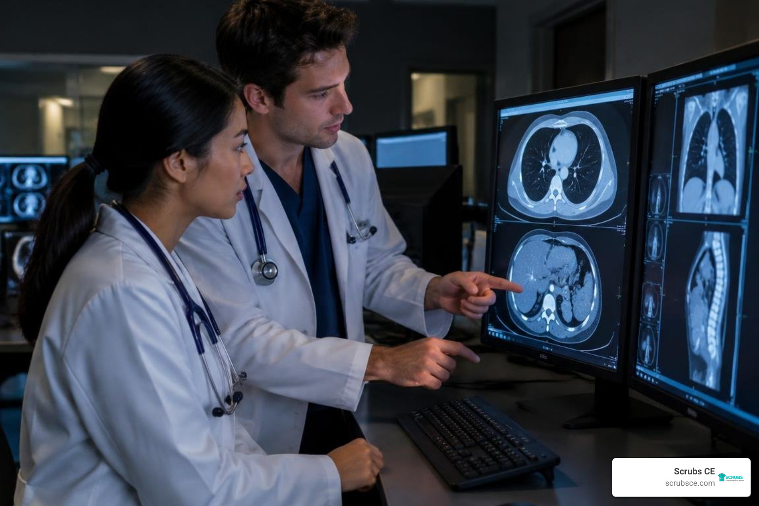 Radiology residents reviewing CT scans at a workstation Radiology residents reviewing CT scans at a workstation