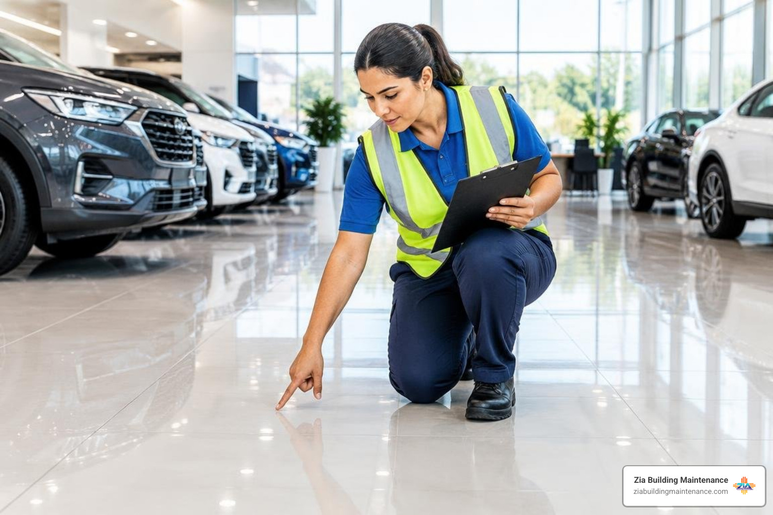 commercial cleaning supervisor inspecting dealership showroom floor commercial cleaning supervisor inspecting dealership showroom floor