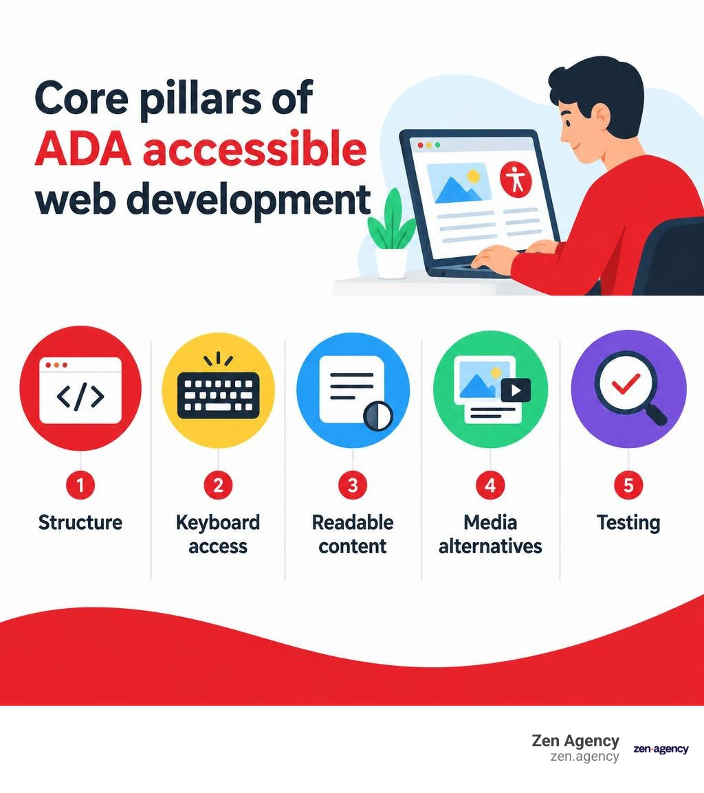 Core pillars of ADA accessible web development: structure, keyboard access, readable content, media alternatives, and Core pillars of ADA accessible web development: structure, keyboard access, readable content, media alternatives, and