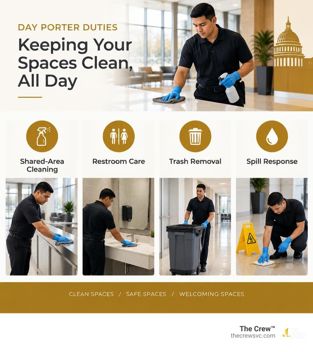 Day porter duties: shared-area cleaning, restroom care, trash removal, and spill response infographic Day porter duties: shared-area cleaning, restroom care, trash removal, and spill response infographic