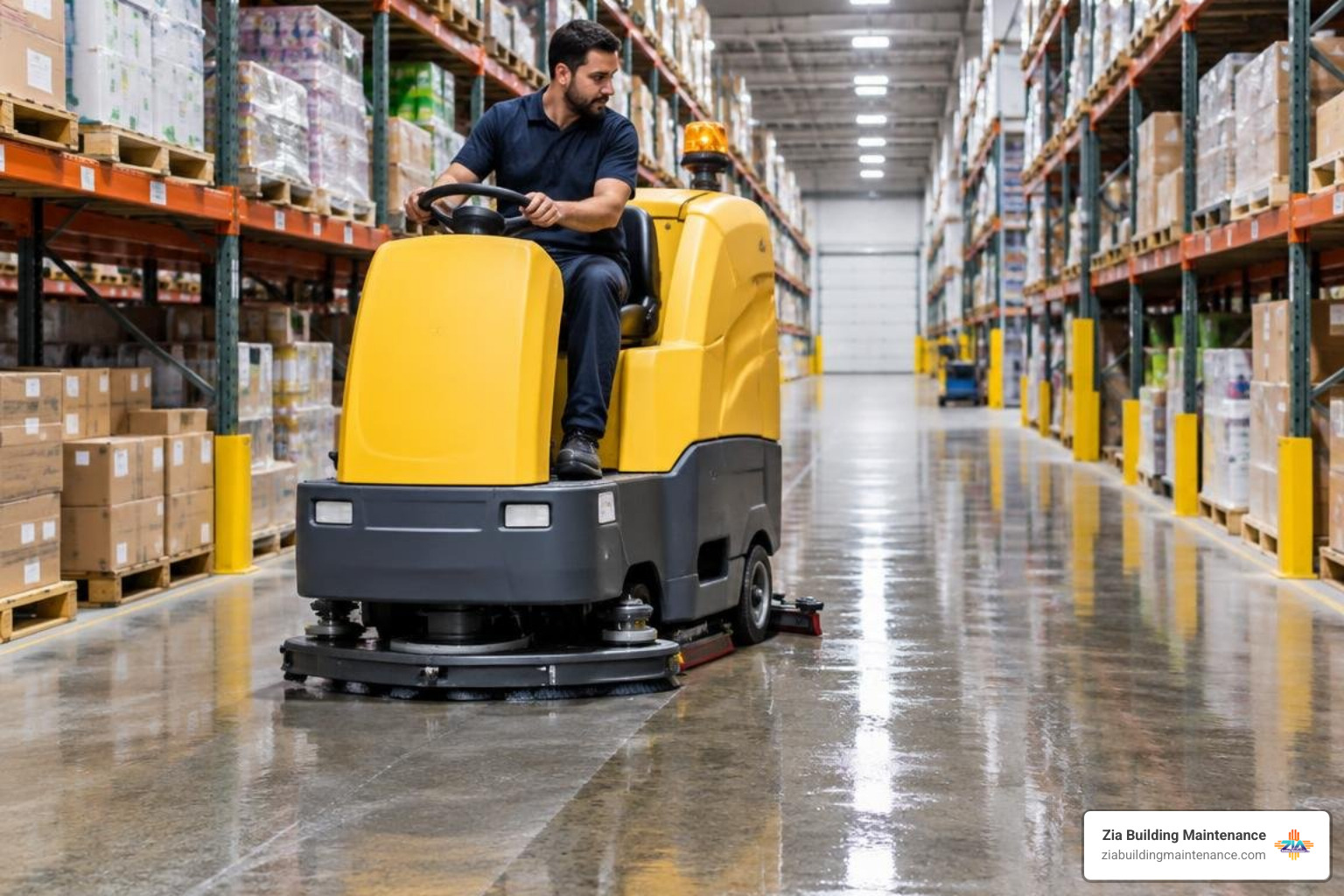 Industrial ride-on autoscrubber operating in an active warehouse picking aisle Industrial ride-on autoscrubber operating in an active warehouse picking aisle