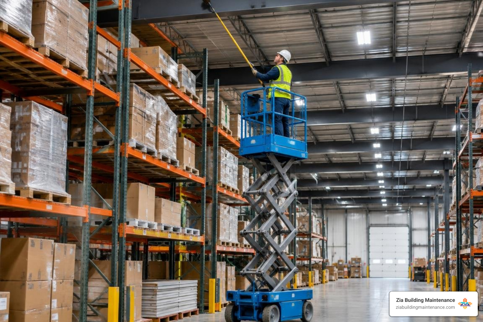 Specialist utilizing a scissor lift for overhead warehouse beam cleaning Specialist utilizing a scissor lift for overhead warehouse beam cleaning