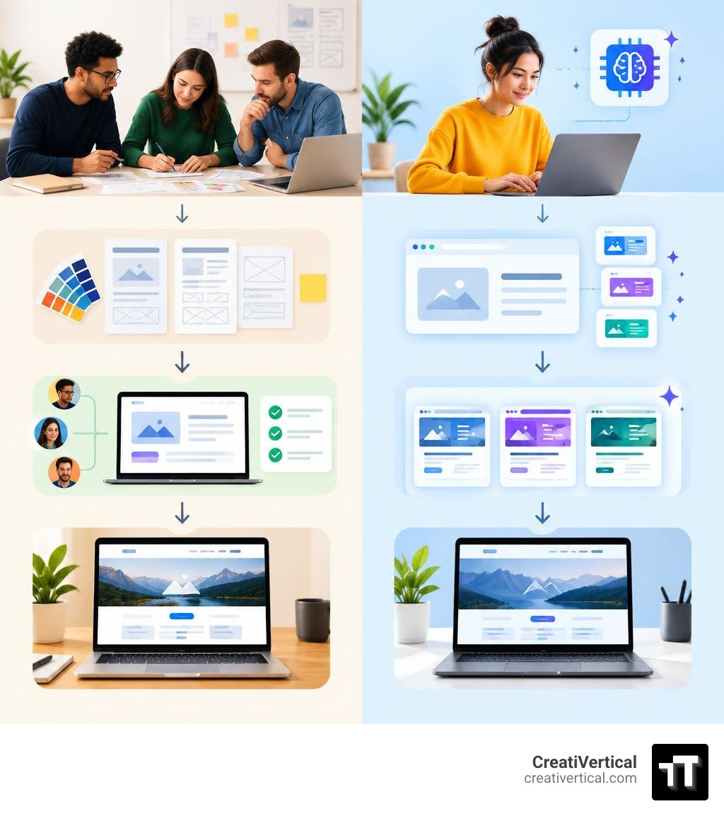 Side-by-side visual comparison of agency and AI-assisted redesign workflows, no text infographic