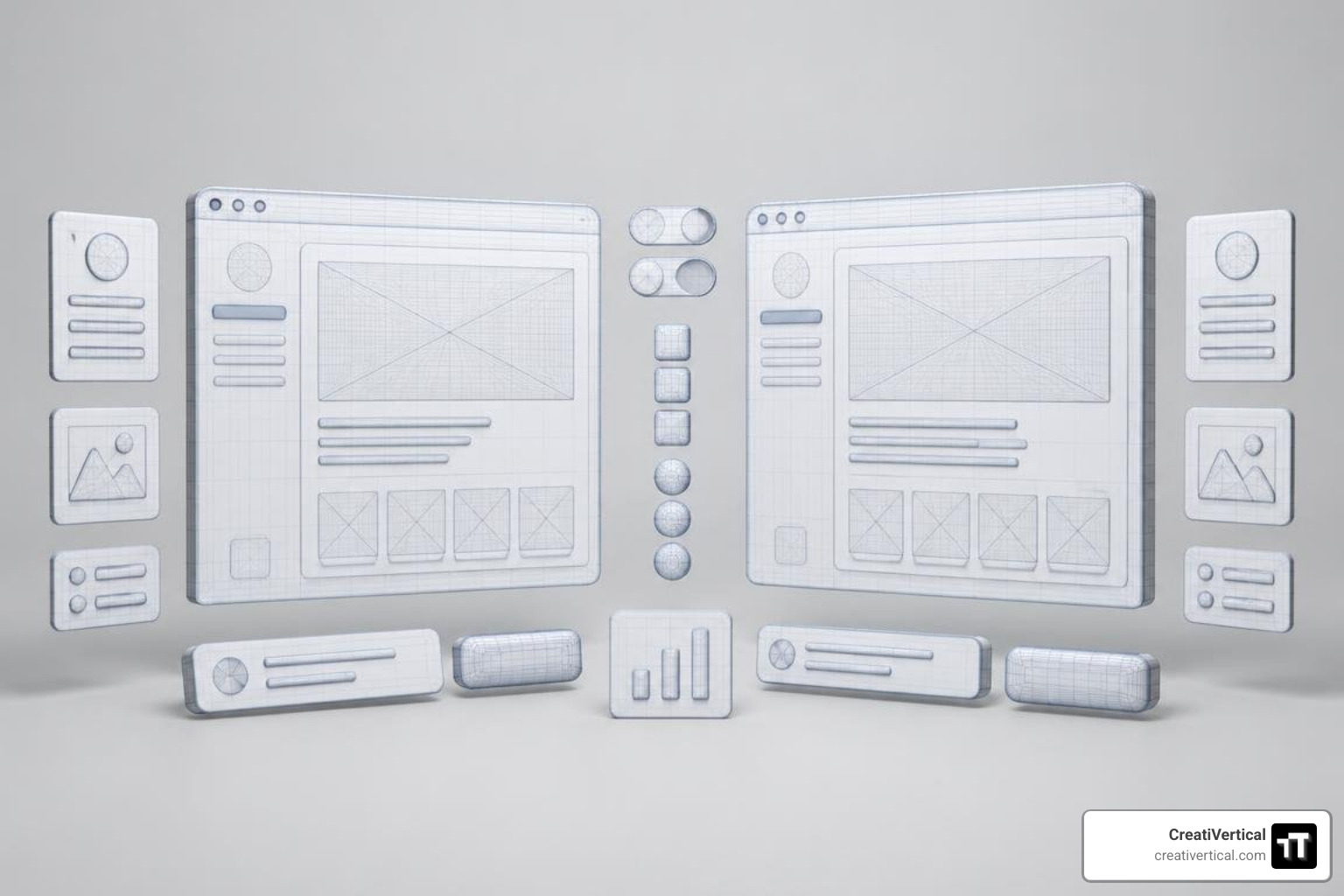 Symmetrical wireframe comparison of modular interface components, no text