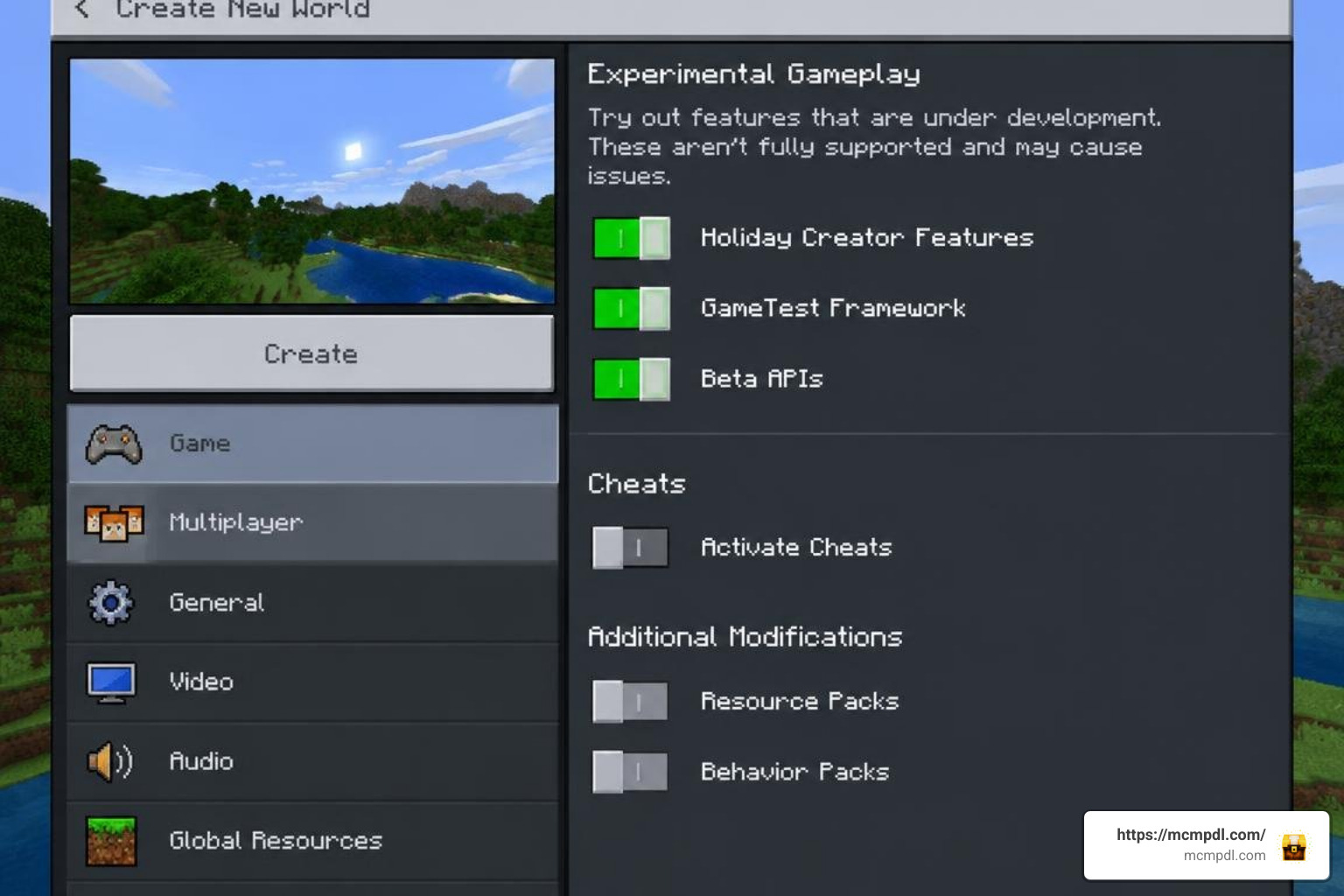 Minecraft Bedrock Experimental Gameplay settings toggles Minecraft Bedrock Experimental Gameplay settings toggles