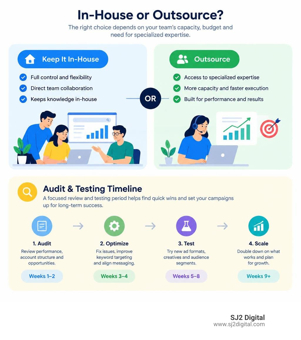 Decision framework showing when to keep PPC in-house or outsource, plus audit and testing timeline infographic