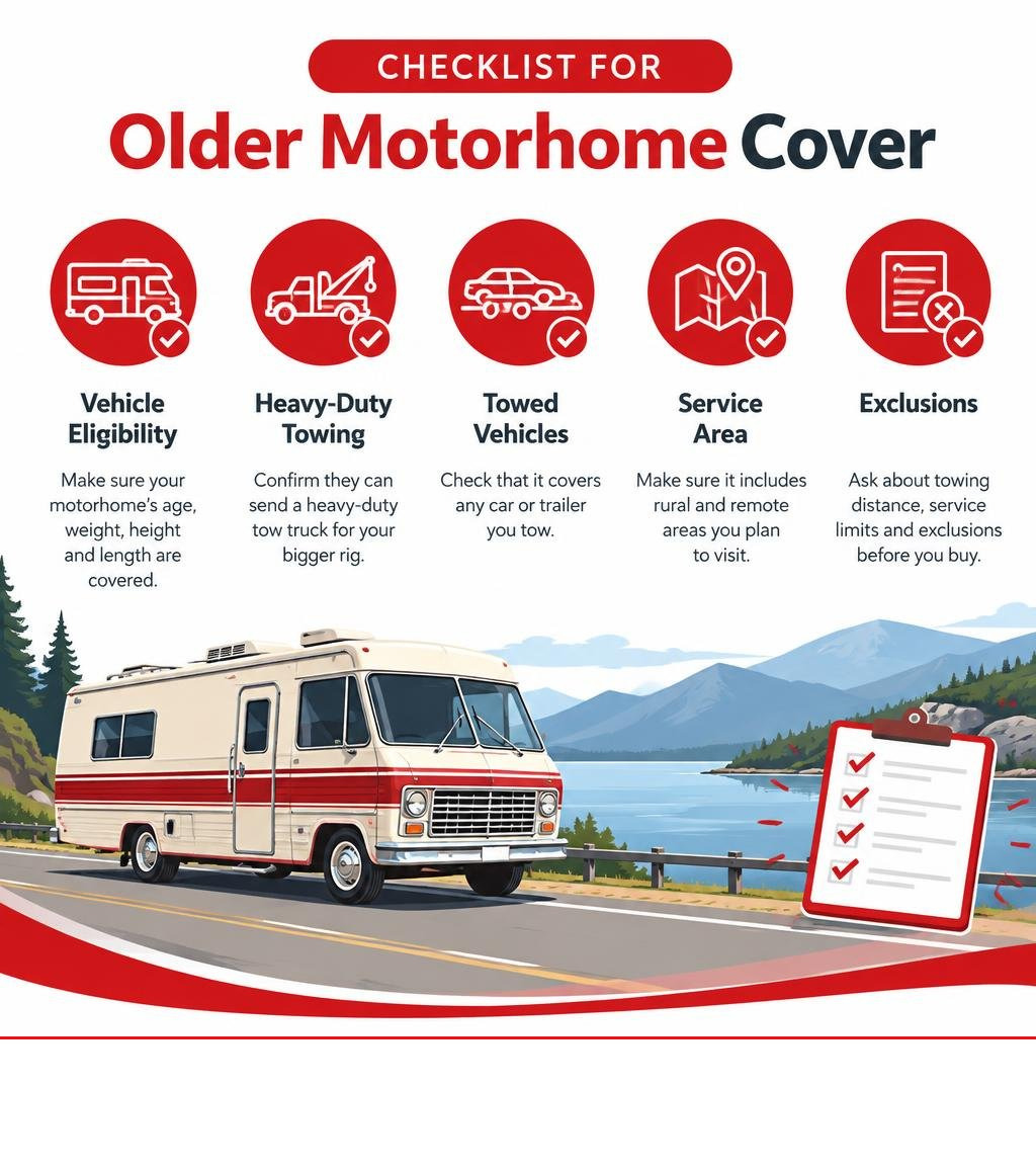 Checklist for older motorhome cover: vehicle eligibility, heavy-duty towing, towed vehicles, service area, and exclusions Checklist for older motorhome cover: vehicle eligibility, heavy-duty towing, towed vehicles, service area, and exclusions