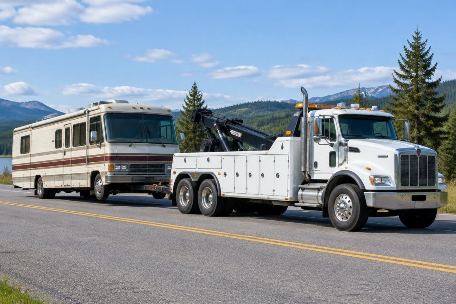 heavy-duty wrecker safely towing an older Class A motorhome heavy-duty wrecker safely towing an older Class A motorhome