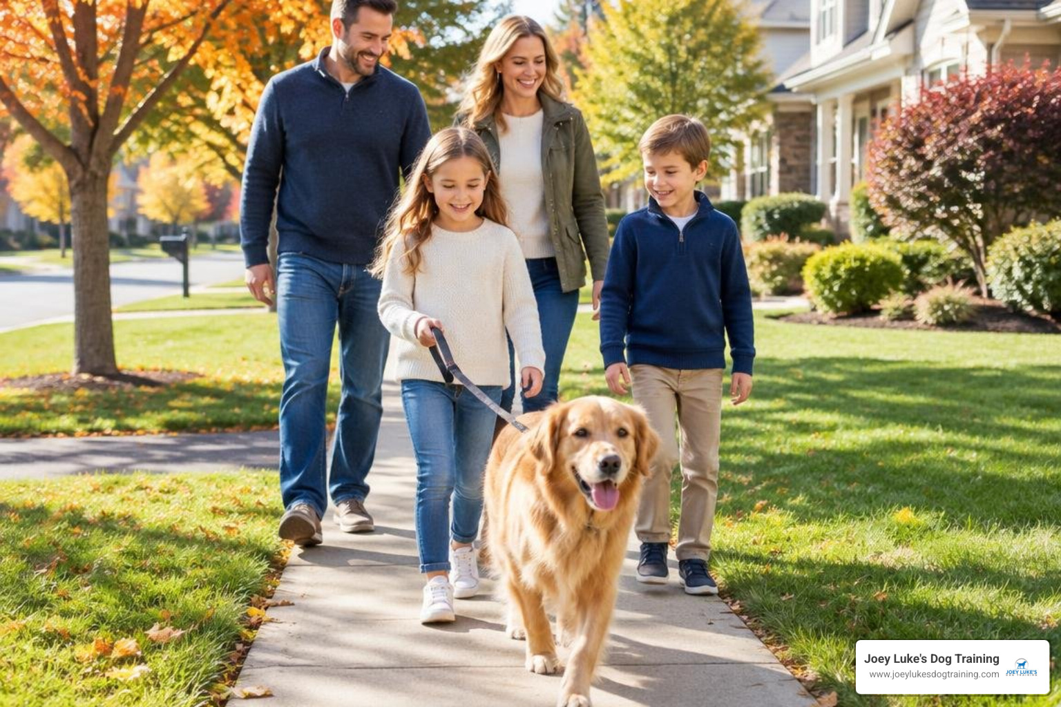 family walking a dog in a Novi neighborhood family walking a dog in a Novi neighborhood