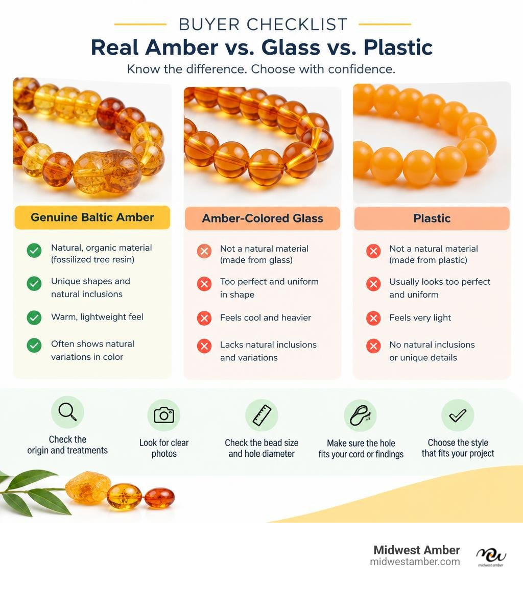 Buyer checklist comparing genuine Baltic amber beads with amber-colored glass and plastic infographic Buyer checklist comparing genuine Baltic amber beads with amber-colored glass and plastic infographic
