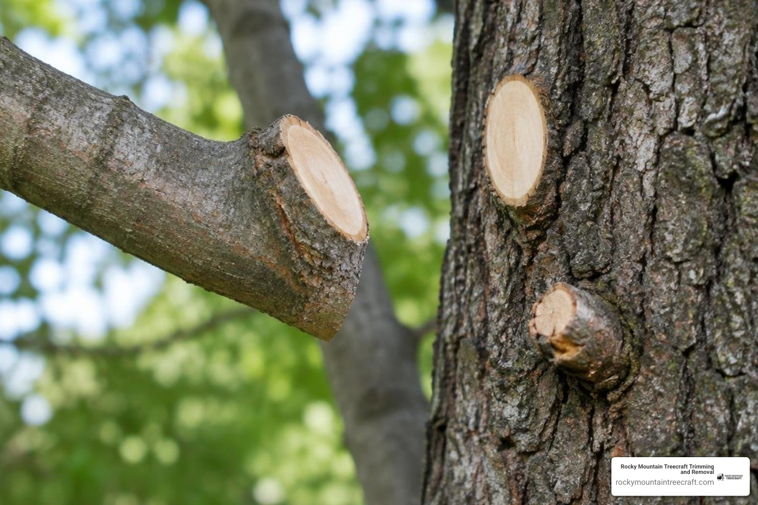 Correct branch collar cut versus damaging flush cut and branch stub