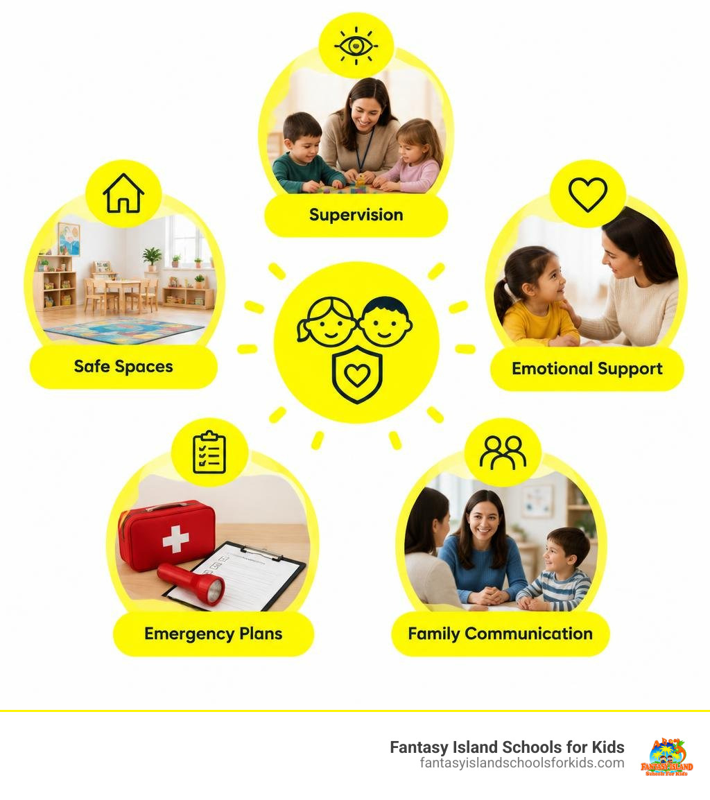 Key layers of preschool safety: supervision, safe spaces, emotional support, emergency plans, family communication