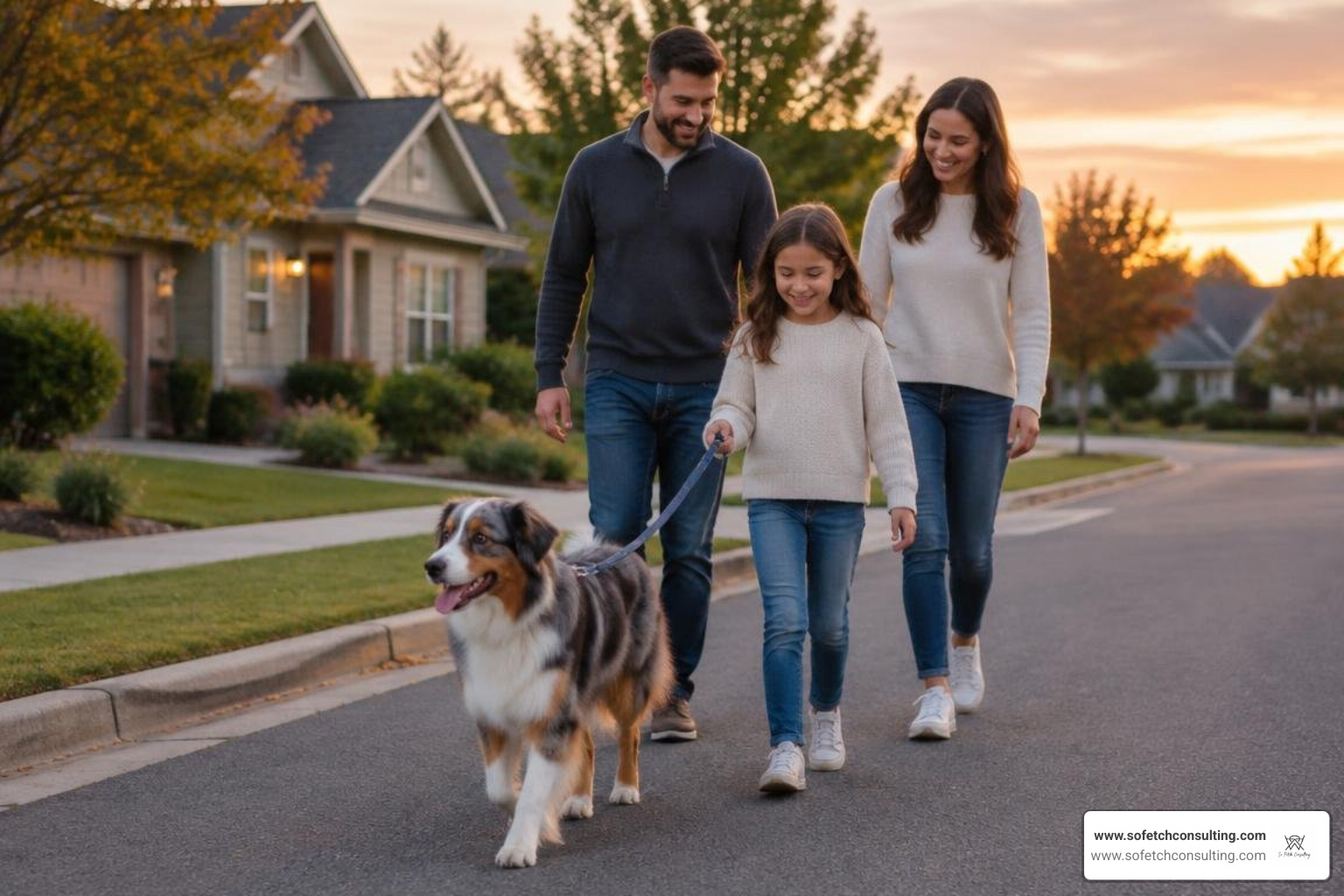 calm family dog walking politely on a loose leash with children calm family dog walking politely on a loose leash with children