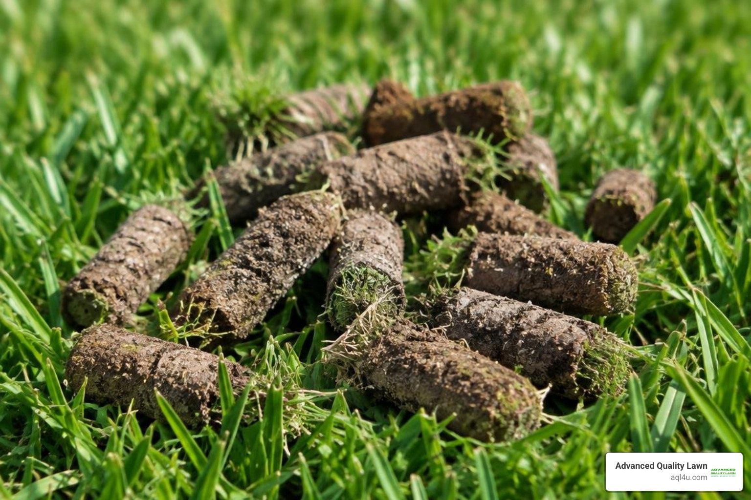Soil core aeration plugs resting on a thick green lawn