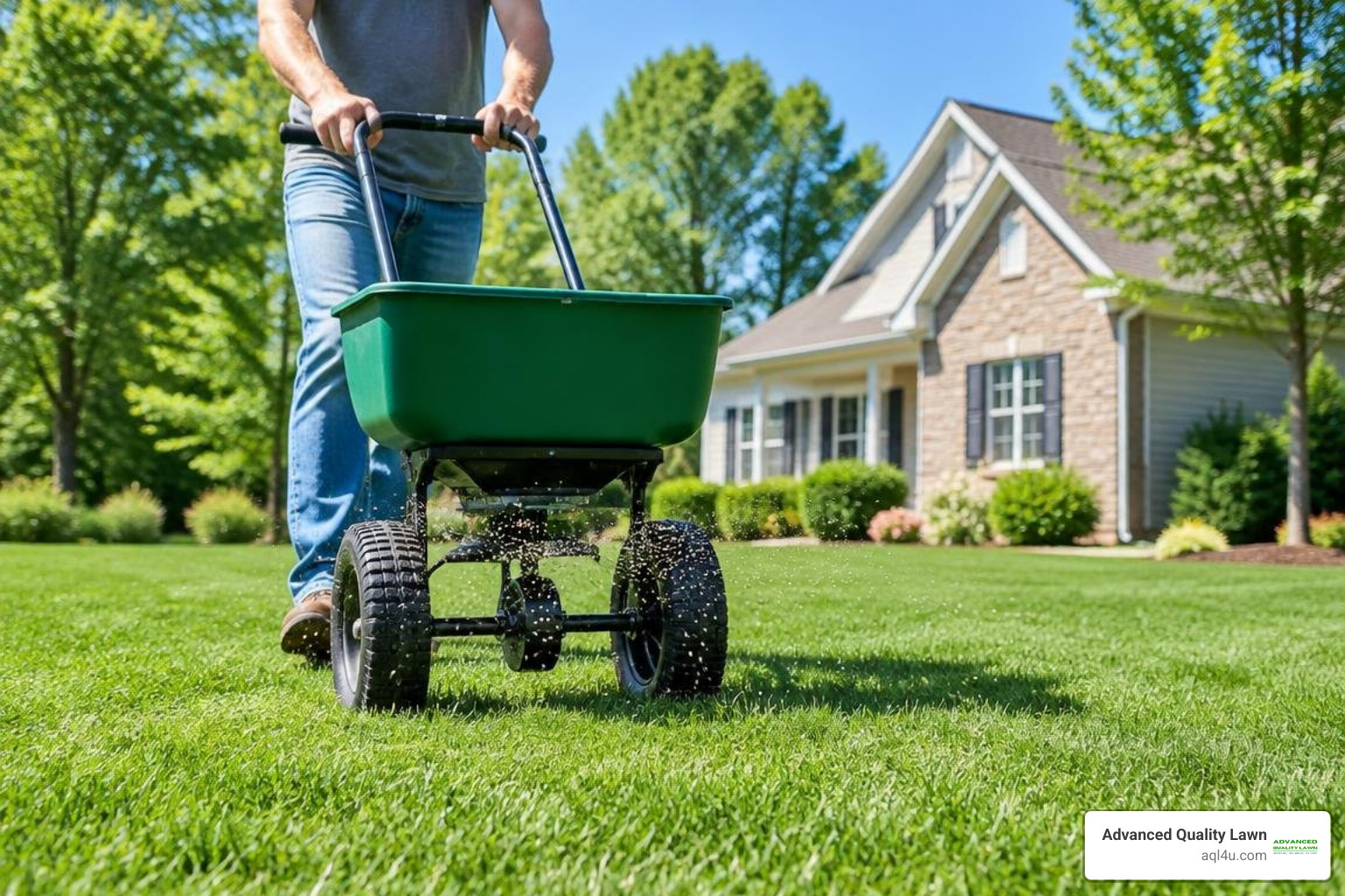 Rotary spreader applying summer fertilizer across green residential turf
