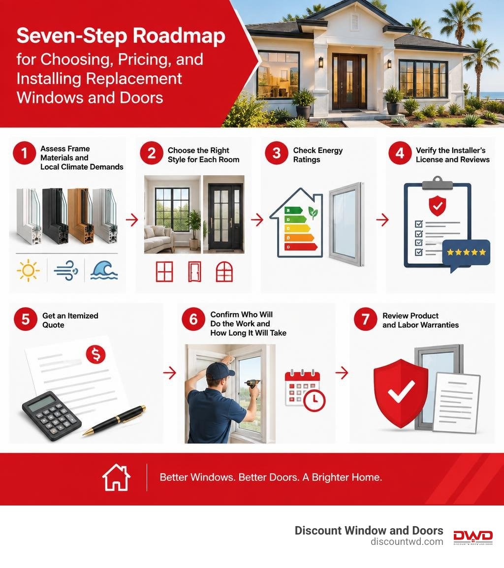 Seven-step roadmap for choosing, pricing, and installing replacement windows and doors infographic Seven-step roadmap for choosing, pricing, and installing replacement windows and doors infographic