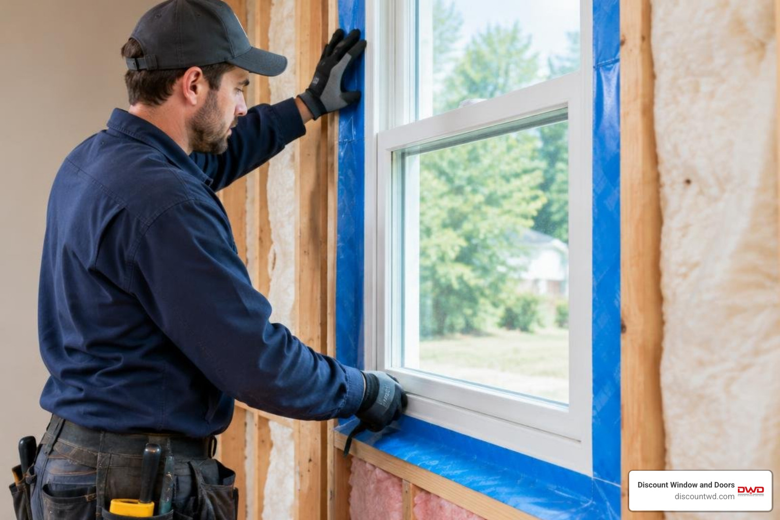 Technician installing an energy-efficient window using professional flashing and insulation Technician installing an energy-efficient window using professional flashing and insulation