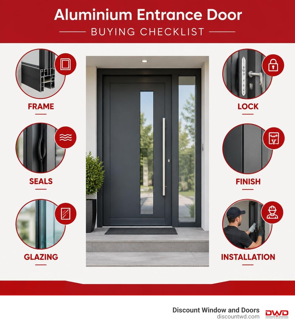 Aluminium entrance door buying checklist: frame, seals, glazing, lock, finish, and installation infographic Aluminium entrance door buying checklist: frame, seals, glazing, lock, finish, and installation infographic