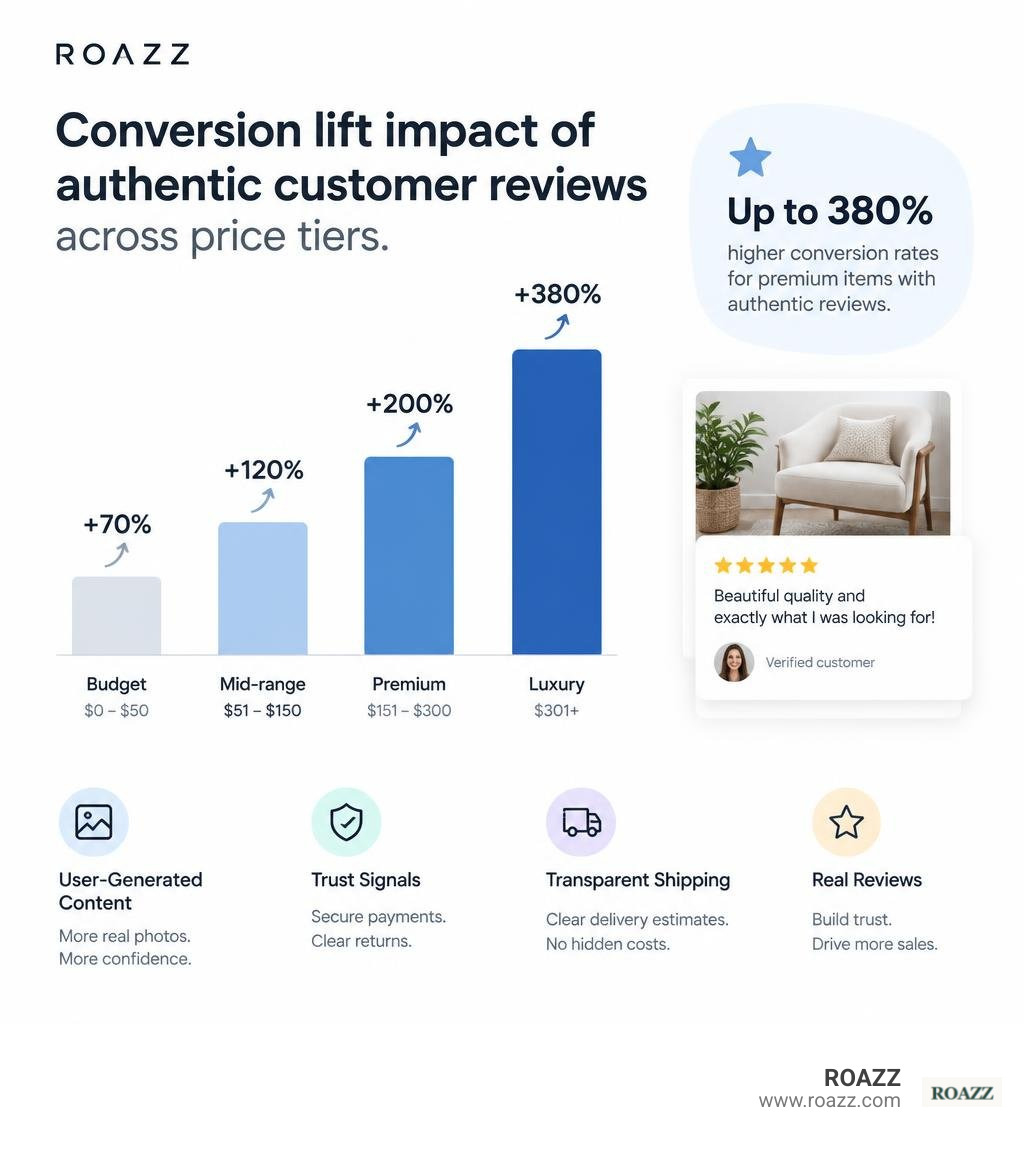 Conversion lift impact of authentic customer reviews across price tiers infographic Conversion lift impact of authentic customer reviews across price tiers infographic