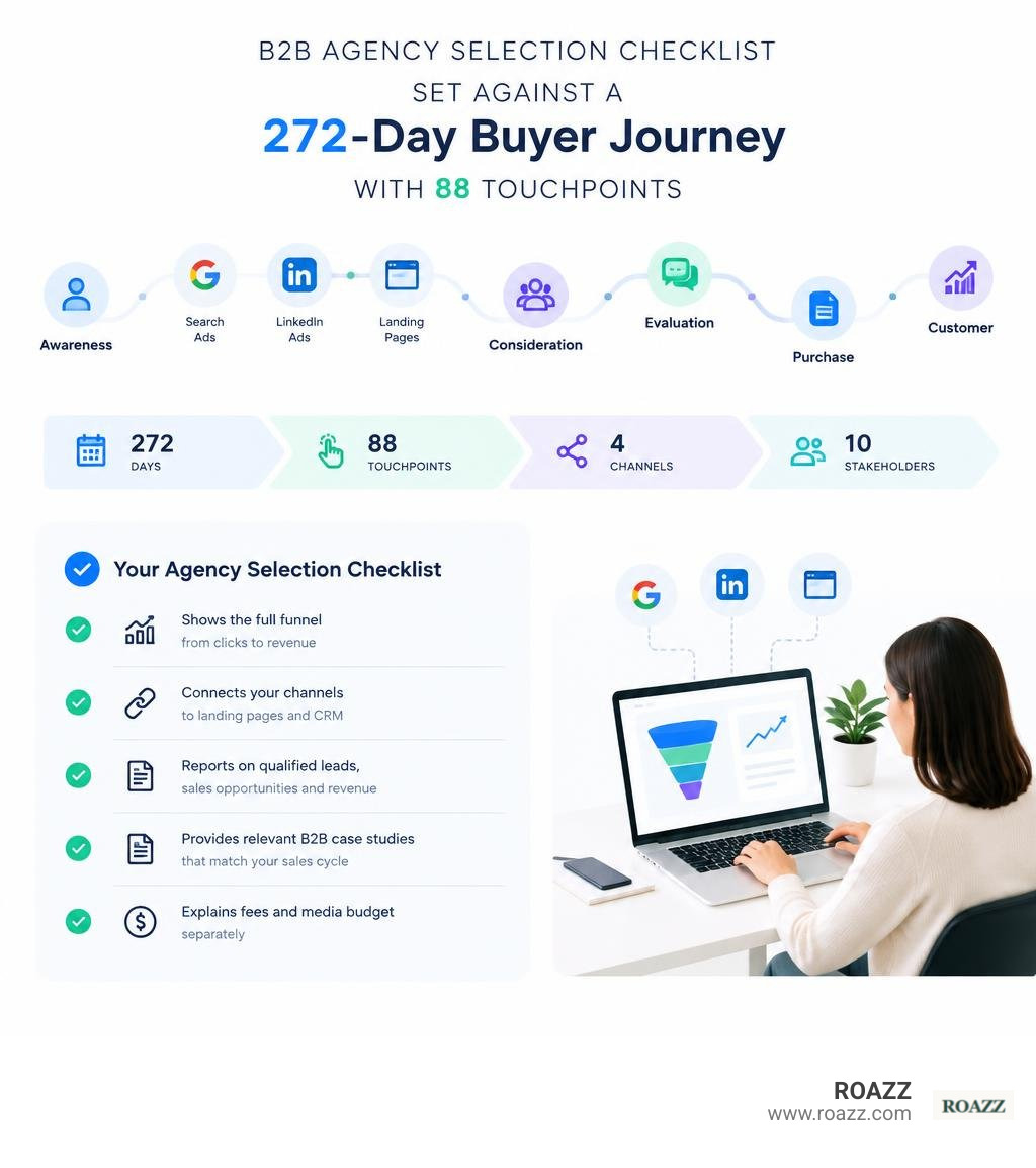 B2B agency selection checklist set against a 272-day buyer journey with 88 touchpoints infographic B2B agency selection checklist set against a 272-day buyer journey with 88 touchpoints infographic