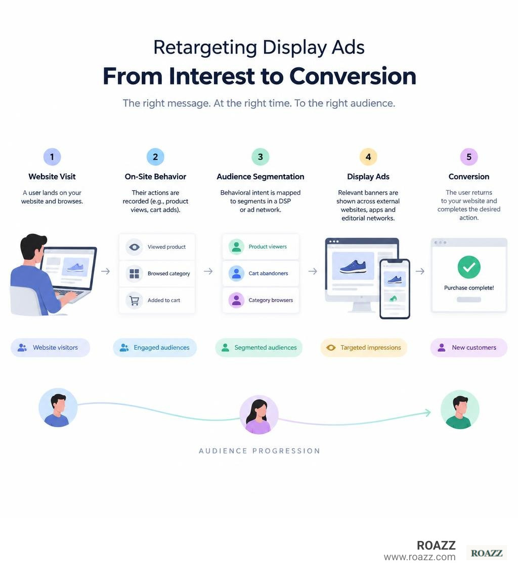 Modern retargeting display ad funnel stages and audience progression infographic Modern retargeting display ad funnel stages and audience progression infographic