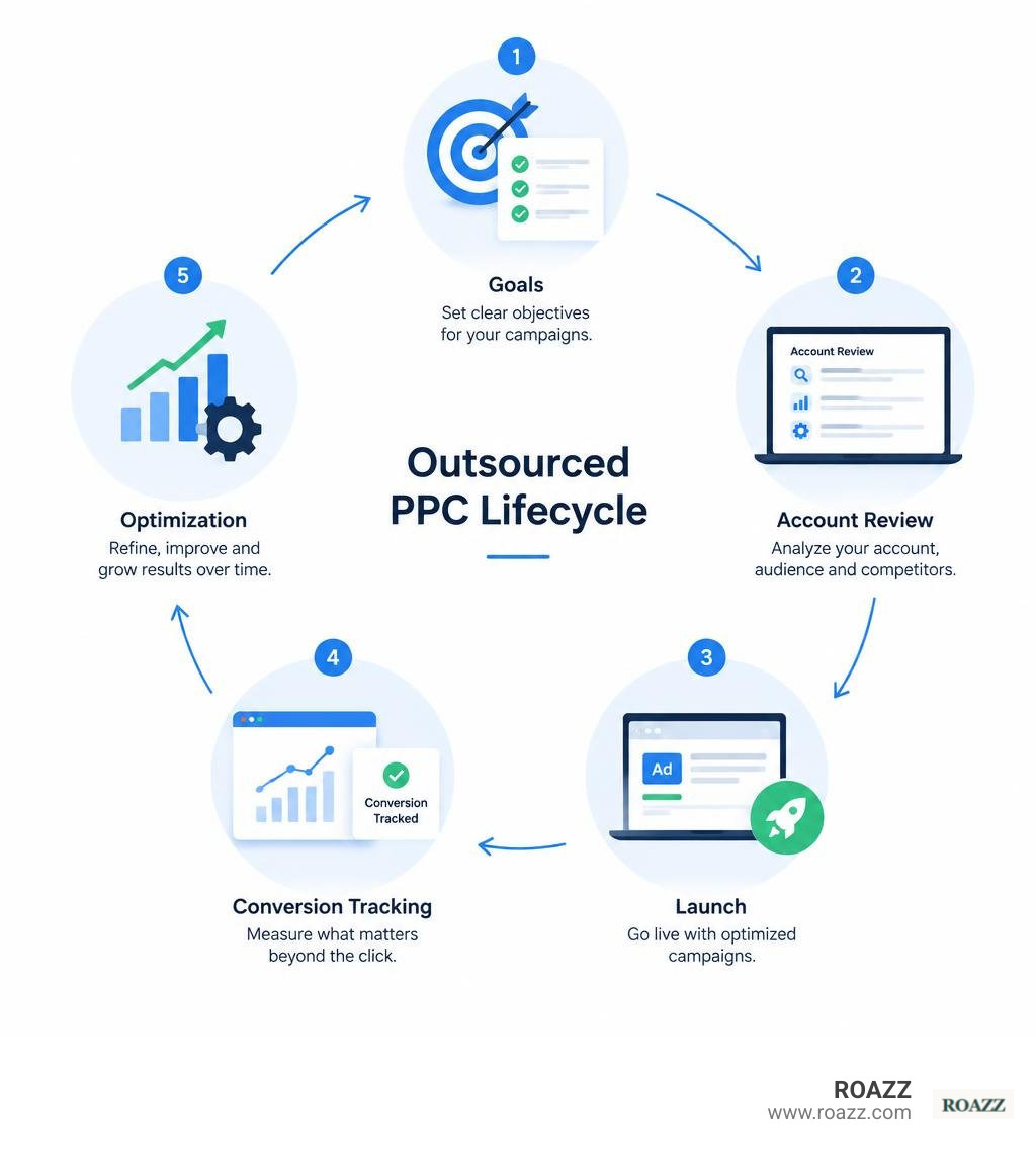 outsourced PPC lifecycle from goals and account review to launch, conversion tracking, and optimization infographic outsourced PPC lifecycle from goals and account review to launch, conversion tracking, and optimization infographic