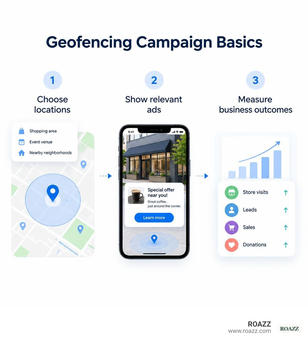 Geofencing campaign basics: choose locations, show relevant ads, measure business outcomes infographic Geofencing campaign basics: choose locations, show relevant ads, measure business outcomes infographic