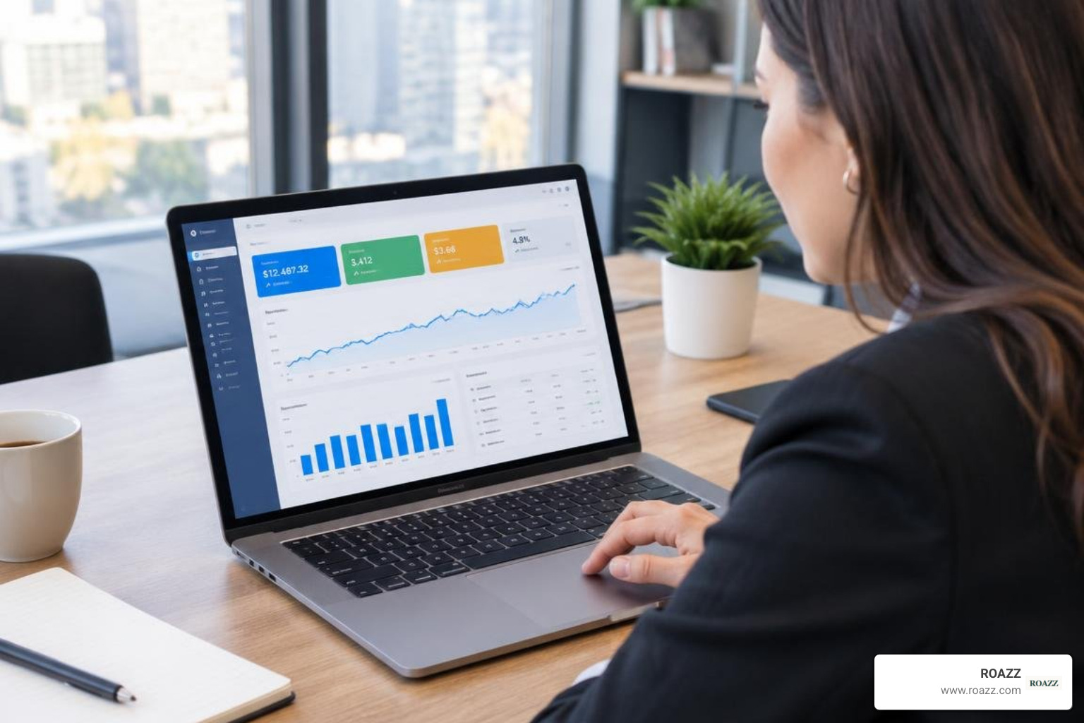 Marketing manager reviewing a Google Ads revenue dashboard on a laptop Marketing manager reviewing a Google Ads revenue dashboard on a laptop