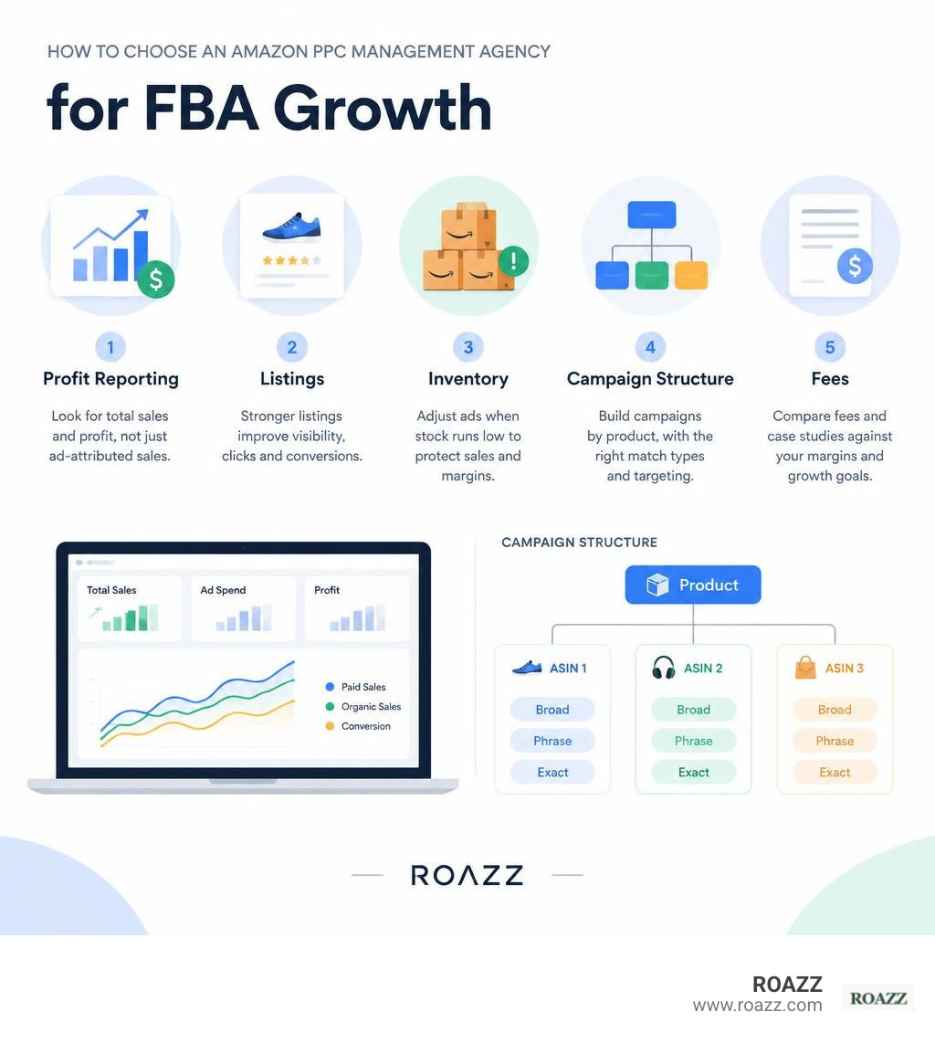 How to choose an Amazon PPC agency: profit reporting, listings, inventory, campaign structure, and fees infographic How to choose an Amazon PPC agency: profit reporting, listings, inventory, campaign structure, and fees infographic