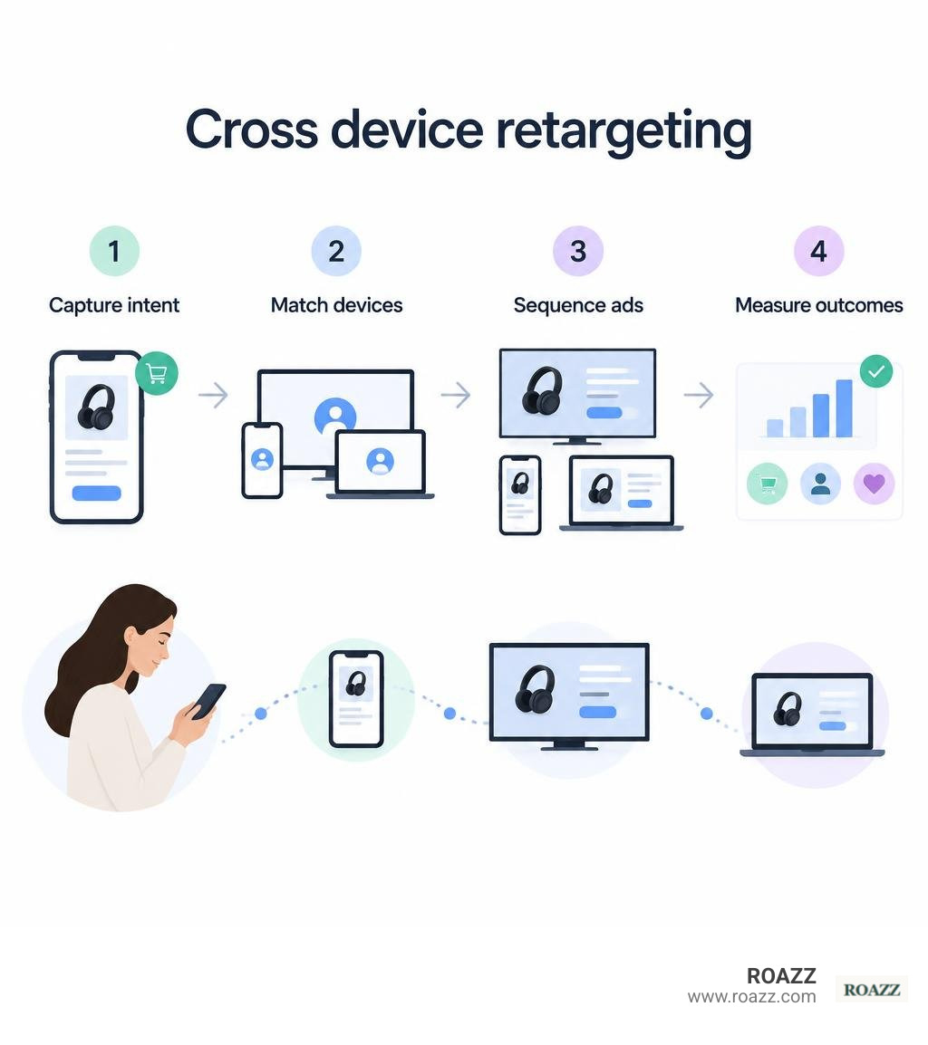Cross device retargeting steps: capture intent, match devices, sequence ads, measure outcomes infographic Cross device retargeting steps: capture intent, match devices, sequence ads, measure outcomes infographic