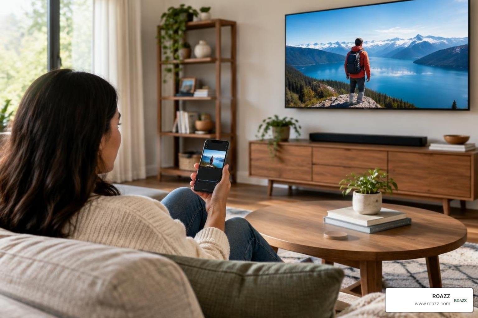 person using a smartphone beside a connected TV person using a smartphone beside a connected TV