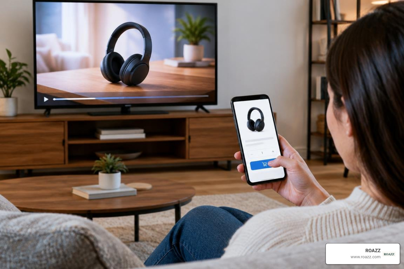 Cross-device advertising setup showing CTV video alongside mobile interactive checkout Cross-device advertising setup showing CTV video alongside mobile interactive checkout
