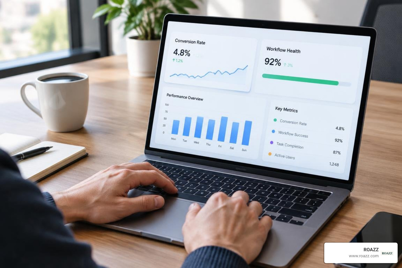 Performance analytics dashboard showing conversion rates and workflow health