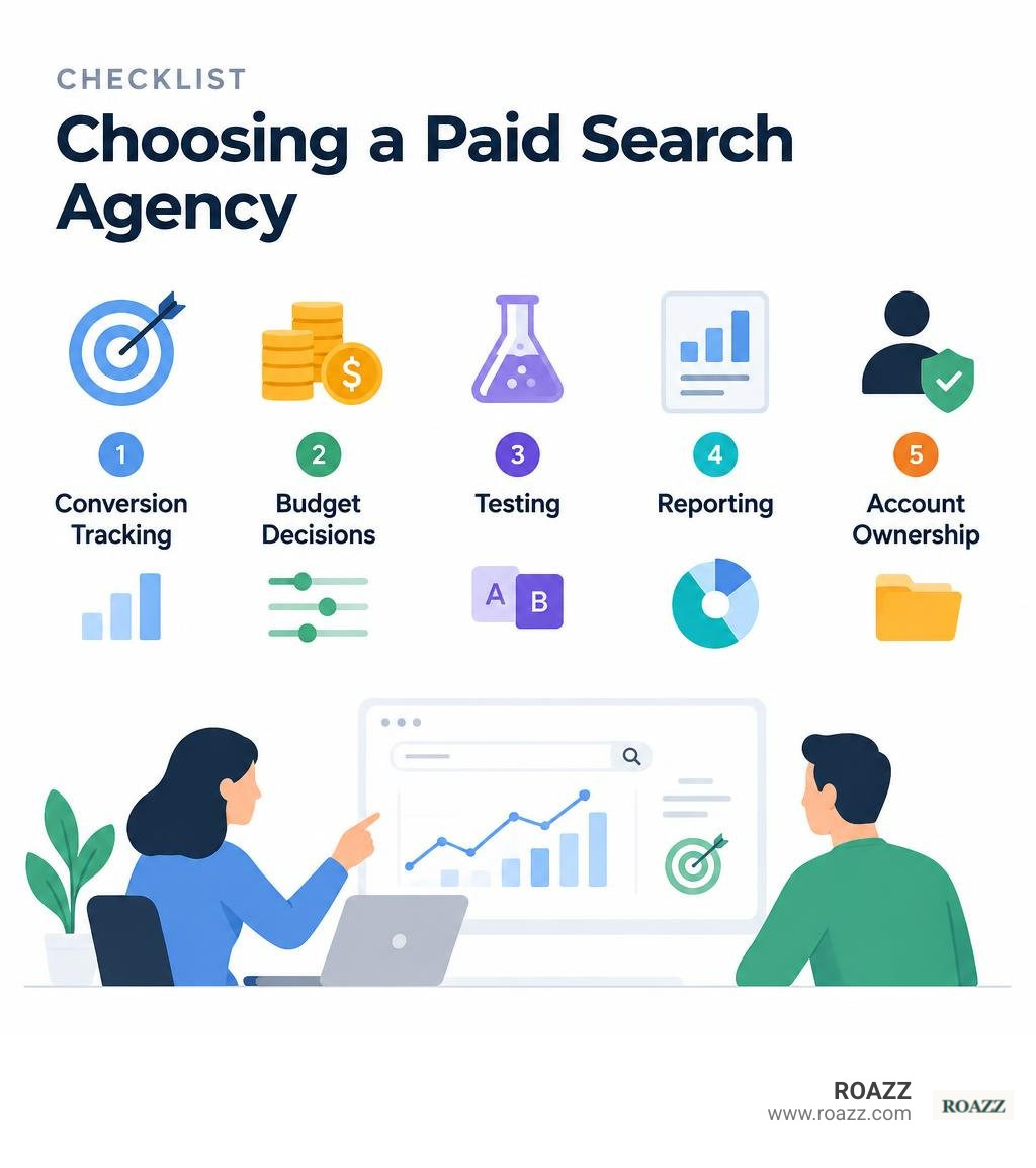 Checklist for choosing a paid search agency: conversion tracking, budget decisions, testing, reporting, account ownership