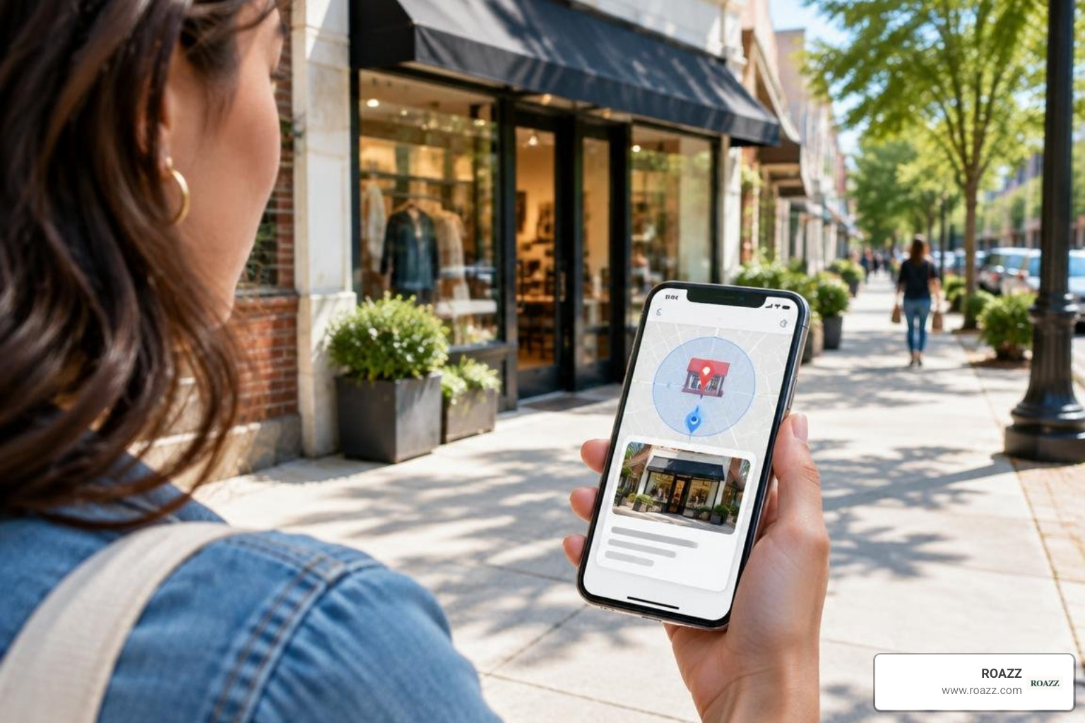 smartphone showing a location-based ad near a storefront smartphone showing a location-based ad near a storefront