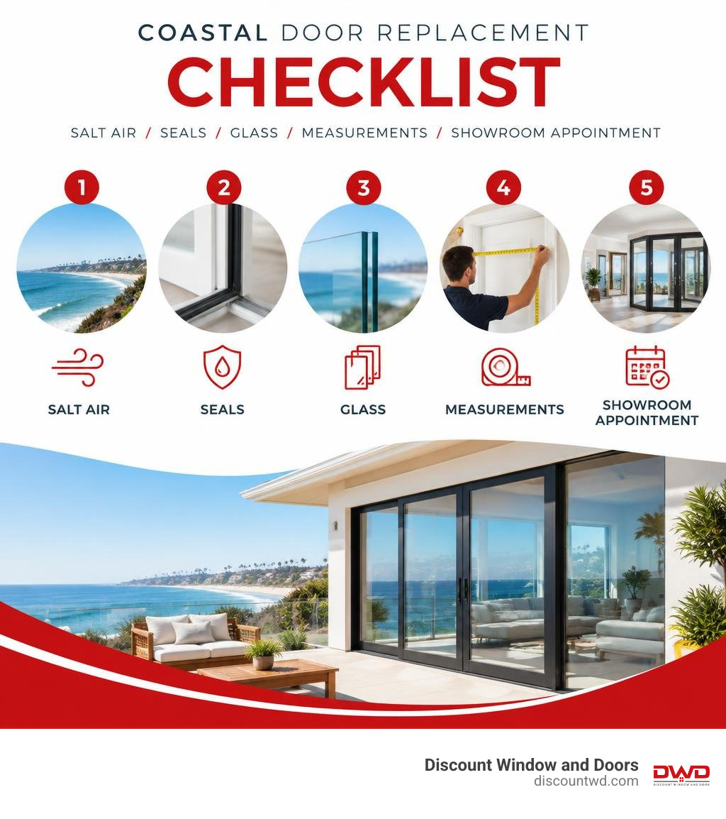 Coastal door replacement checklist: salt air, seals, glass, measurements, and showroom appointment infographic Coastal door replacement checklist: salt air, seals, glass, measurements, and showroom appointment infographic