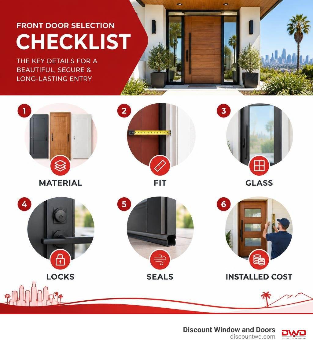 Front door selection checklist covering material, fit, glass, locks, seals, and installed cost infographic Front door selection checklist covering material, fit, glass, locks, seals, and installed cost infographic