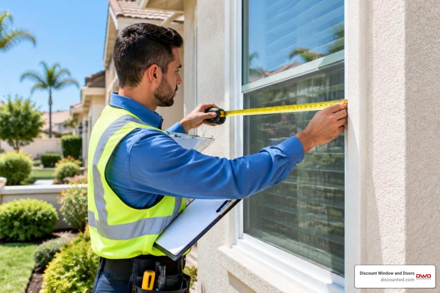 Window specialist taking precise structural measurements on a residential home Window specialist taking precise structural measurements on a residential home