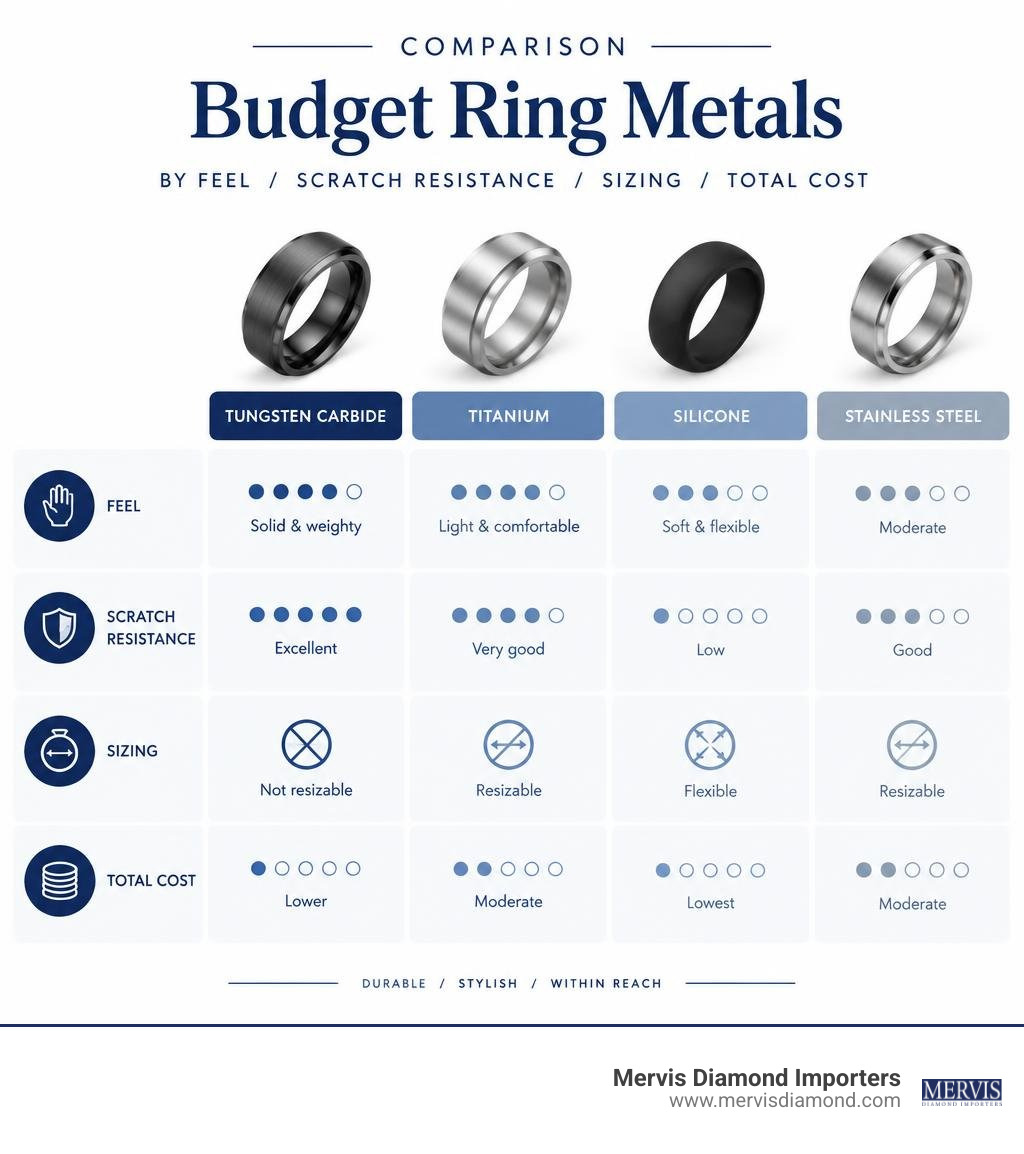 Comparison of budget ring metals by feel, scratch resistance, sizing, and total cost infographic Comparison of budget ring metals by feel, scratch resistance, sizing, and total cost infographic