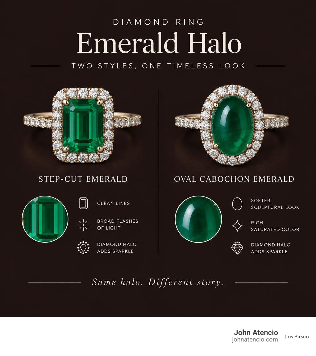 Comparison of step-cut emerald and oval cabochon rings with diamond halos infographic Comparison of step-cut emerald and oval cabochon rings with diamond halos infographic